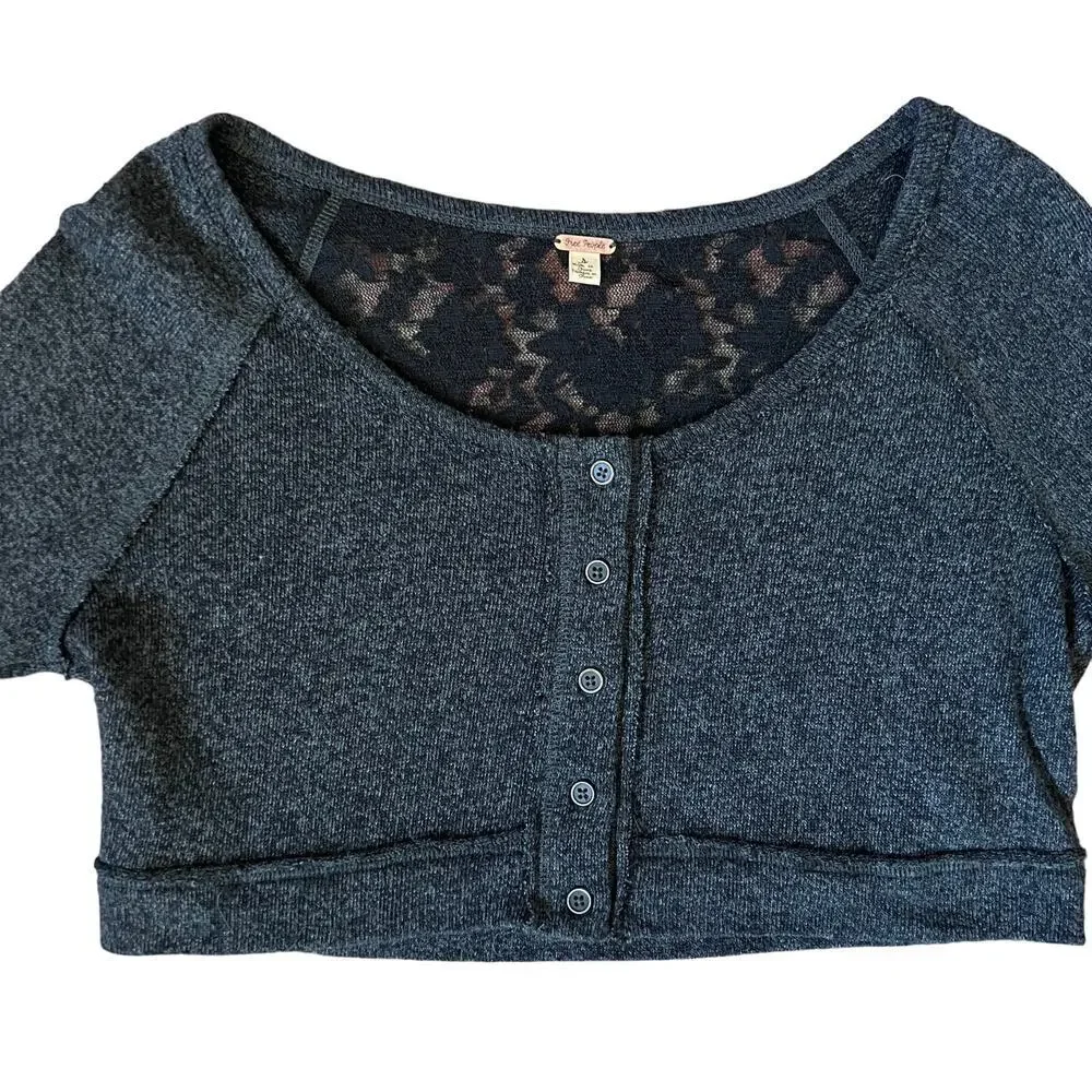 Free People Dark Heathered Gray Crop Long Sleeve Lace Snap Front Top - Small